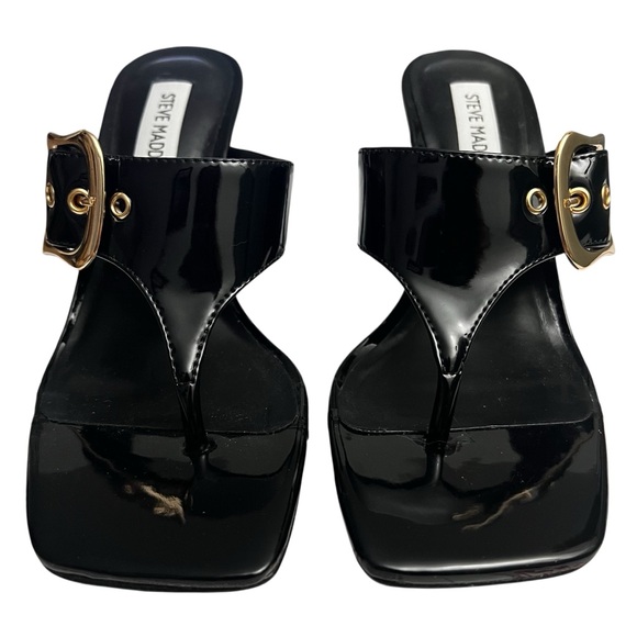 Steve Madden Black Faux Leather Thong Adjustable Y2K Glam Heels Sandals Size 7M - Picture 4 of 11